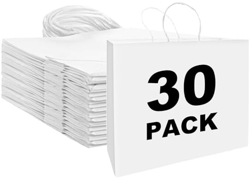 MIVIDE 30 Stück Papiertüten Weiß, 32 x 27 x 11 cm Papiertüten Groß mit Henkel, Geschenktüten aus Kraftpapier für Geburtstagsfeier, Weihnachten, Geschenkverpackung, Einkaufstüten