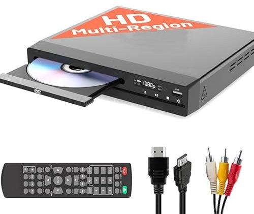 2025 Model ZUMKUNM HDMI DVD Player for TV | 1080P Region Free for Smart TV | Mini Compact Player with USB, CD & MP3 | HDMI Cable, RCA Cable & Remoted Control Included