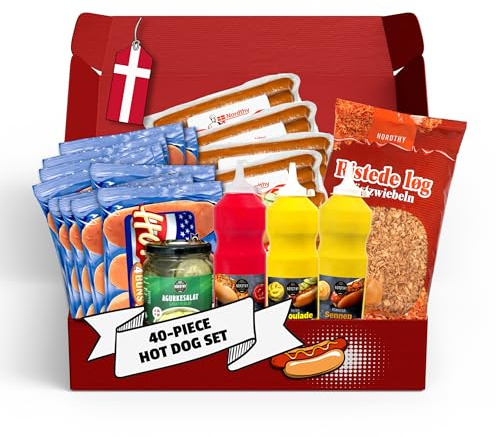 Nordthy Coffret Hot Dog Danois Original pour 40x Hot Dogs – Pack Fête Complet avec Délicieuses Saucisses/Pains/Sauces Hot Dog/Remoulade/Cornichons – Coffret Hot Dog Premium dans une Boîte NeedforSweet