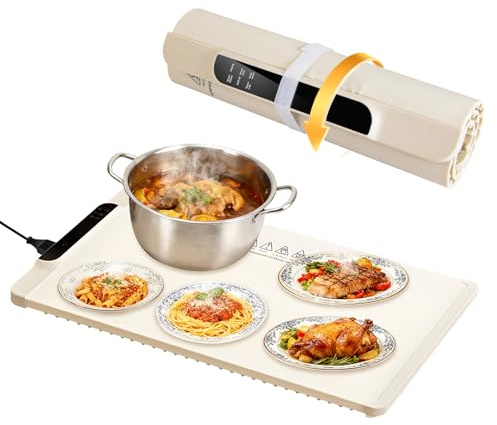 Olycism Warmhalteplatte faltbar elektrisch, Speisenwärmer aus lebensmittelechtem Silikon zur Aufbewahrung der Wärme Für Buffet & Familie Konstante Wärme bis ca. 65°C, 65x38cm Cremeweiß