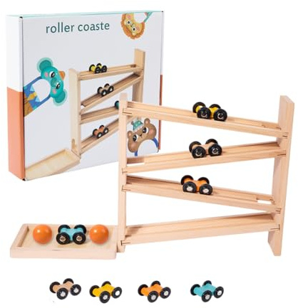WRQIOO 2 in 1 Kugelbahn Holz, Autorennbahn Murmelbahn, Holzauto-Rampen-Rennbahn-Spielzeug, Große Kugelbahn Holz mit 4 Autos, 2 Bälle, 4 Schichten Rennstrecke Geschenk für Ab 1 Jahren