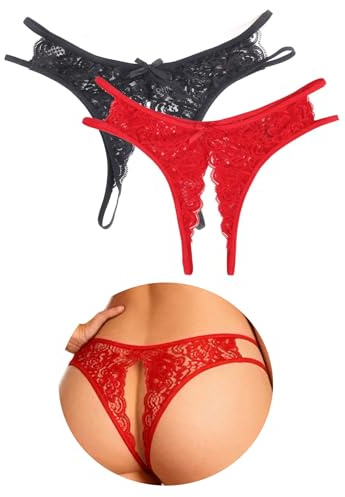 ohyeahlady Slip Sexydonna Hot Aperto con Fiocco Vita Bassa Perizoma Donna Seducente Pizzo Aperti Tanga Elasticizzate Mutandine Curvy Underwear Lingerie Sexy Intimo Taglie Forti Bikini Nero+Rosso,M