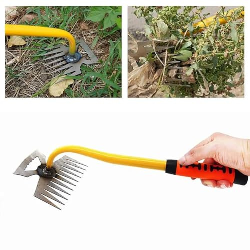 qudkdhs Rastrillo de jardín de Mango Largo, Amarillo y Naranja, púas de Acero Inoxidable, Agarre ergonómico, Herramienta Manual para Quitar Malas Hierbas.