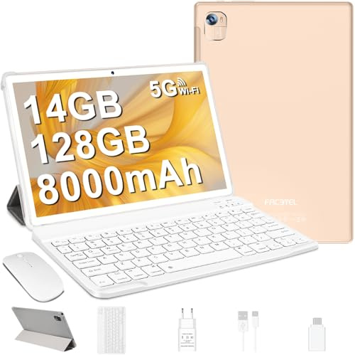 FACETEL Android Tablet 10 Zoll mit 5G WiFi Octa-Core 2.0Ghz Prozessor Ultraschnelles Tablet PC mit 14(6+8) GB RAM + 128GB ROM TF 2TB | 8000mAh |, 2026 Neueste Tablet mit Tastatur und Maus-Gold