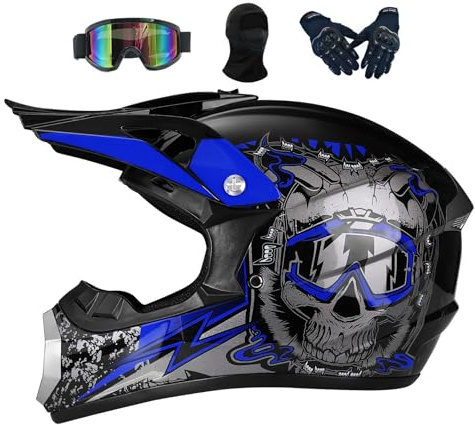 Motorradhelm Kinder 5-15 jährigen, Jugend Motorrad Downhill Full Face MTB ATV Helm, Herren Crosshelm, für Motocross, Dirtbiken und Offroad-Aktivitäten, mit Handschuhe Brille