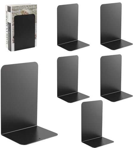 Wozzies 6 pezzi Fermalibri in Metallo, 20 x 13.5 x 10cm Fermalibri per Mensole Neri, per Libri Pesanti, Scuola, Ufficio, Biblioteca e Ccasa,Reggilibri a Forma di L,Portalibri da Scrivania per Libreria