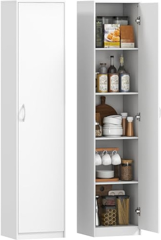HOMCOM Credenza Cucina Alta Slim 180 cm 5 Ripiani Anta Soft Close Bianco