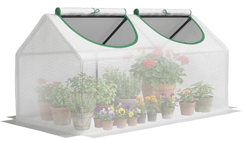 Outsunny Serre de Jardin, Mini Serre, 2 fenêtres zippées et enroulables, Couverture en Plastique, Cadre en Acier, 120 x 60 x 60 cm, Blanc