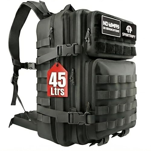 SPARTANFY Crossfit-Rucksack für Herren, 45 l, wasserdicht, für Fitnessstudio, Wandern, Reisen, Bergsteigen, groß, robust, mit Molle-System, Spartanfy Schwarz, 45 l, Grande