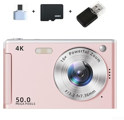Fotocamera digitale con risoluzione 4K 50 MP, schermo 2 da 8 pollici, zoom 16x, sistema anti scossa e luce di riempimento per scatti migliorati in condizioni di scarsa illuminazione (rosa 32G)