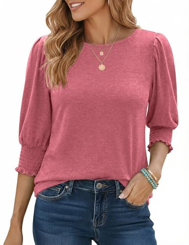 Aottori Tee Shirt Femme Manches 3/4 Haut Col Rond Top Chic Poignets Smockés | Tshirt, Blouse, Coupe fluide, Bouffant, Doux, Confortable, Élégant, Casual, Bureau, Quotidien, Printemps Automne