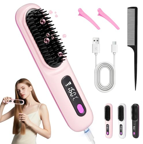 Mini Haarbürste Elektrisch, Glättbürste Kabellos, Stylingbürste für Kurze Haare, Elektrische Haarglätter Bürste mit LED Anzeige+3 Temperatureinstellung, Glättungsbürste Hot Comb für Reisen (Rosa)