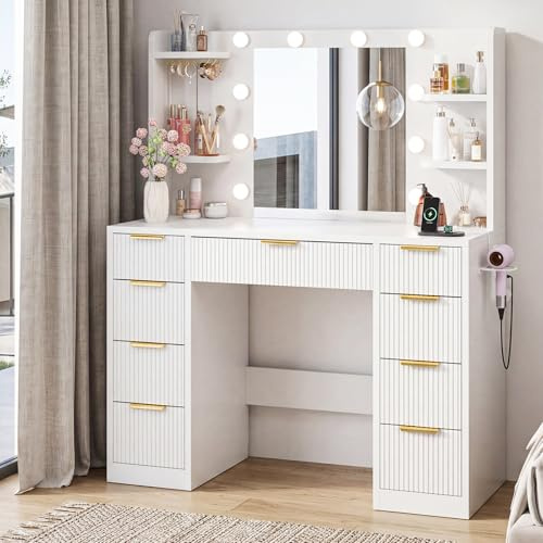 Devoko Fluted Dressing Table with Mirror and 10 LED Bulb Lights White | Adjustable Brightness,Vanity Table Makeup Desk with 9 Drawers,Power Strip and Hair Dryer Holder