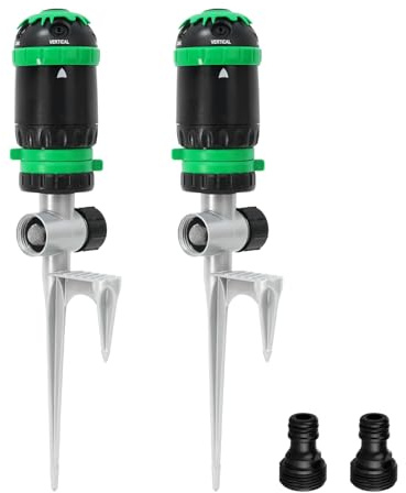 RESTMO Aspersor de engranaje de 2 piezas con base de espiga de metal – Aspersor de césped para grandes superficies, 5 patrones, sistema de riego para césped y parterres, rociador de jardín, diámetro