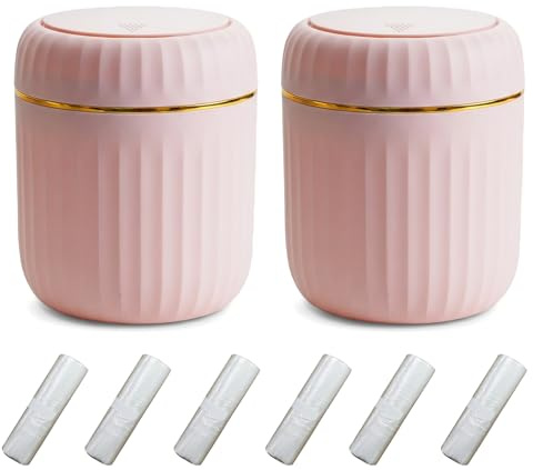 HXSYKJDM Desktop Bin 2 Pack – 16x13cm Small Trash Can with Press Type Lid | Mini Desk Bin for Office, Bedroom, Vanity, Car, Pink + 6 White Liners