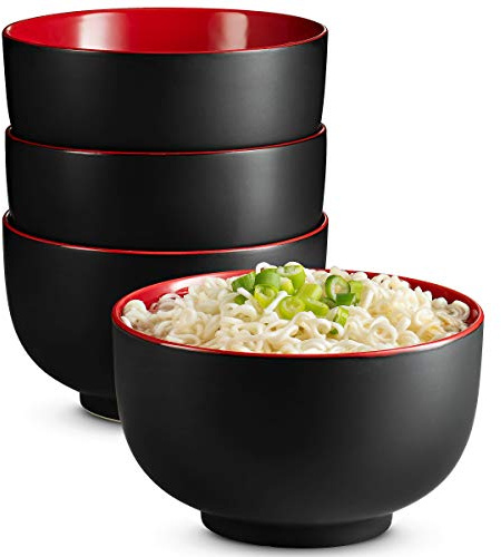 KooK Ramen Bowl, Japanese Bowls, Noodle Bowls, Large Soup Bowl, Ceramic, Large Capacity, For Ramen, Pho, Udon, Soba, Microwave and Dishwasher Safe, 34 oz, Set of 4 (Black/Red)