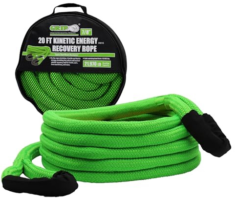 Grip 20 ft x 7/8 in Kinetic Energy Recovery Rope - Breaking Capacity: 21,970 lbs - Truck, ATV, Jeep, UTV, Tractor - Emergency, Towing, Offroad Recovery in Sand, Snow, Mud - Mesh Storage Bag