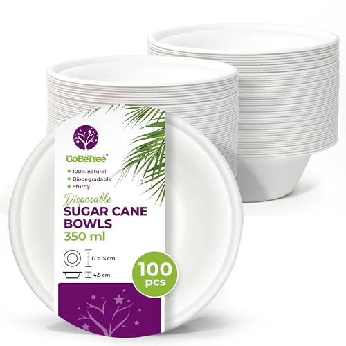 GoBeTree 100 Einweg Schalen Zuckerrohr 350 ml. Schalen für Desserts, Joghurt und Müsli, Mikrowellen- und Gefriergeeignet, Rutschfest und Stapelbar