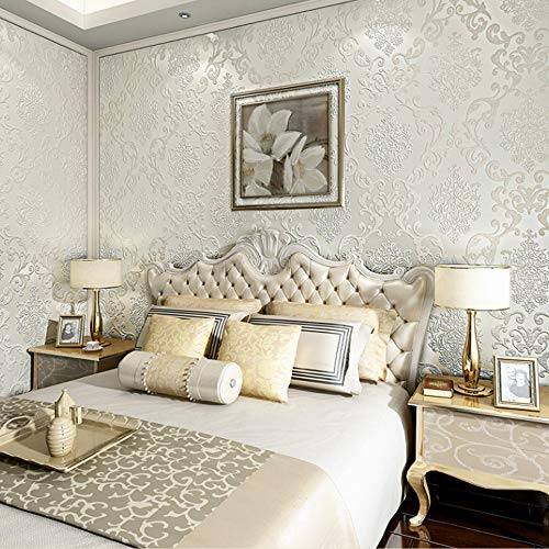YangYun Home Decoration Papier peint non tissé en poudre de perle damassée 3D européenne pour salon, chambre à coucher, hôtel, papier peint non collé, couleur crème, 0,53 m (1,73' l) x 10 m (32,8' L
