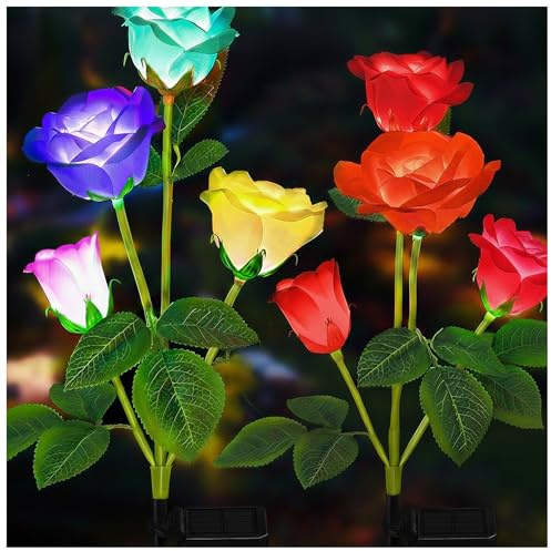 TONULAX Solar Garden Lights - Upgraded Outdoor Light, 7-Color Changing Rose Lights for Yard,Garden Decoration, Enlarged Solar Panel, More Realistic Rose Flower (2 Packs)