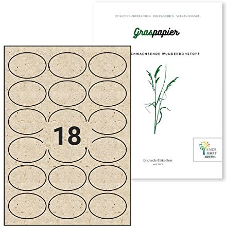 Selbstklebende Etiketten aus Graspapier oval 63,5x42,3mm, Grasetiketten bestechen durch ihre natürliche Optik und Haptik. 10 Blatt mit 180 Grasetiketten auf A4 Bögen Naturetiketten G06342-10 (10)