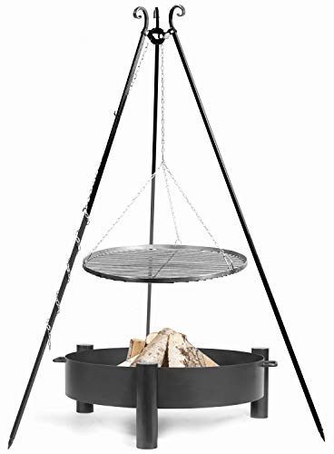 JS Garten Deko Set: Dreibein H 180 cm mit Grillrost Ø 60 cm aus Rohstahl + Feuerschale Haiti Ø 70 cm Grillen Schwenkgrill CookKing