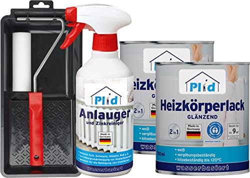 PLID® Heizkörperlack wässrig Thermolack Metalllack Heizkörperfarbe Lack Farbe für heizkörperverkleidung schnelltrocknend 2in1 hitzebeständig 120 Grad Blauer Engel Weiß 1,5l - Lackierset
