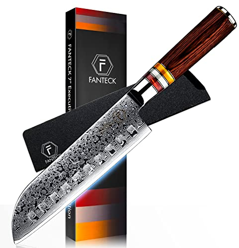 Couteau de Santoku Damas 18cm, FANTECK Couteau de Cuisine pour Viande, Sushi, Poisson et Légumes, Couteau Santoku en Japonais VG-10 67 Couche Damas Acier Couteau de Chef avec Poignée Ergonomique