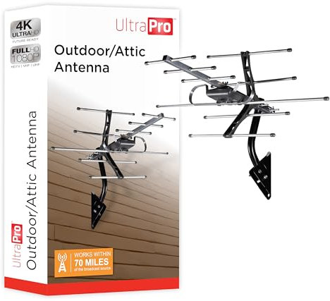 UltraPro Outdoor HD Digital, Long Range Smart TV Antenna, Supports 4K 1080P HD VHF UHF, J Mount Included for Attic or Outdoor, Weather Resistant, 65000