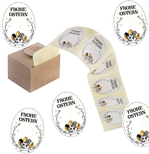 Logbuch-Verlag 200 Osteraufkleber auf Rolle weiß schwarz gold - Osteretiketten zum Beschriften - Frohe Ostern Sticker Osterei oval 6 x 4,5 cm