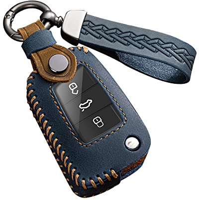 ontto Autoschlüssel Hülle Schlüsselcover Passt für VW Golf 7 MK7 Polo T-ROC Tiguan Skoda Superb Octavia Seat Leon Ibiza Fernbedienung Schlüsselanhänger Leder Schlüsseletui Autozubehör 3 Taste-B Blau