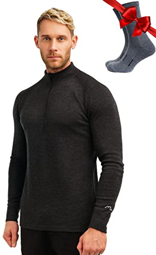 Merino.tech Demi-Zip Pull Merinos Homme - 100% sous Vetement Merinos Homme Léger, Moyen, Lourd et Chaussettes (Large, 250 Charcoal Grey)