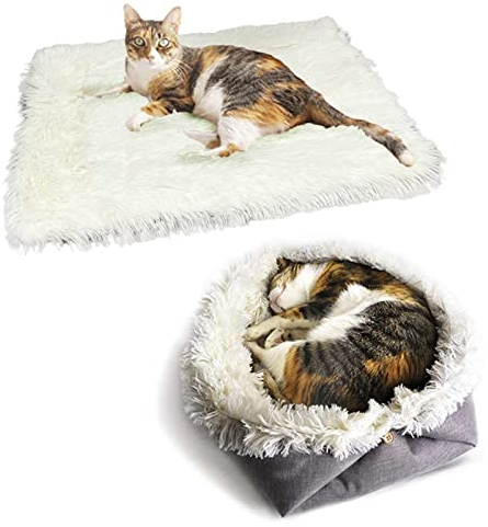 VERTUPET Katzenbett Flauschig 2 in 1 Plüsch Weich Katzenkissen Waschbar Schlafplatz Katzensofa, Haustierbett Hundebett Katzendecke für Katze und Kleine Hunde (Weiß)
