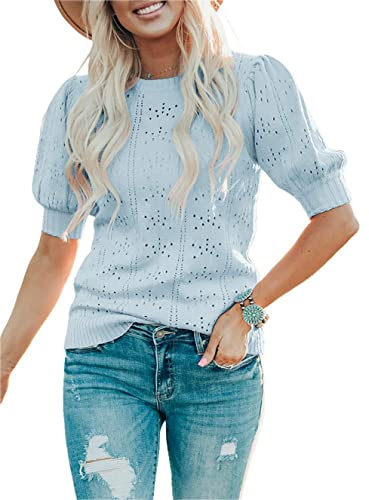 Jhsnjnr Women's Crew Neck Knitted Summer Tops Lightweight Pullover Sweater Puff Short Sleeve Jumpers