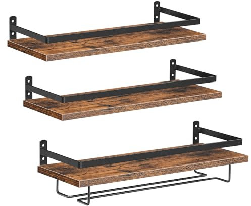 HOOBRO Set di 3 Mensole da Parete per Vino, Mensole Galleggiante Portabottiglie e Portabicchieri, Adatto per Soggiorno, Sala da Pranzo, Cucina, Marrone Vintage e Nero EBF34BJ01