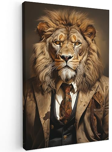 MuchoWow© Impression sur Toile Decoration Murale Peinture 60x90 cm Tableaux Decoratifs Muraux Déco Chambre Tableau Salon Vintage - Lion - Costume - Animaux - Foncé