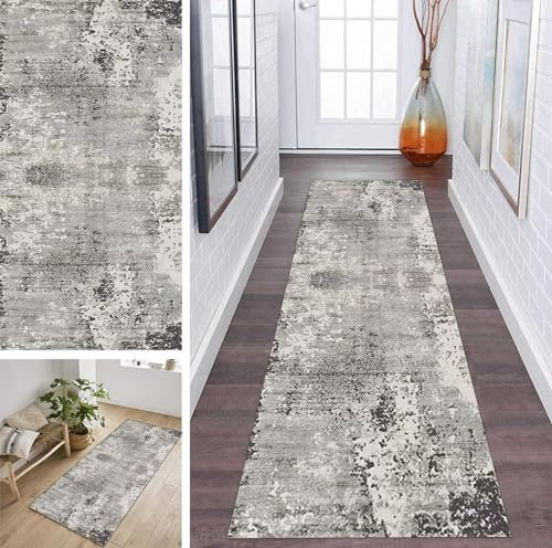 ZDYHMrj Läufer Teppich Lang Flur rutschfest Waschbar 110X650CM Küche Korridor TeppichLäufer für Flur Grau Schlafzimmer Wohnzimmer Polyester Teppichmatte Dauerhaft, Anpassbar Küchenteppich
