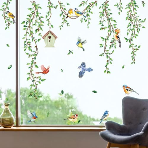 decalmile Spring Summer Hanging Green Vine Window Clings Double Sided Birds Tree Leaves Window Decals Anti-Collision Doors Glass Stickers