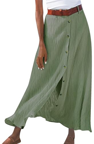 YMING Women Cotton Linen Button Skirt A-Line High Waisted Long Skirts Boho Flared Maxi Skirt Solid Green L