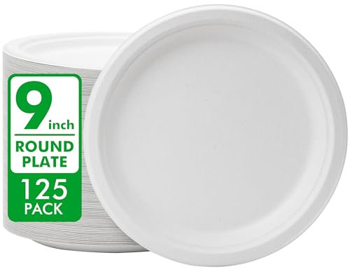 RACETOP Disposable Compostable Paper Plates 9 Inch [125 Pack], White Bagasse, Heavy-Duty Biodegradable Paper Plates, Eco-Friendly, Made of Natural Sugarcane Fibers