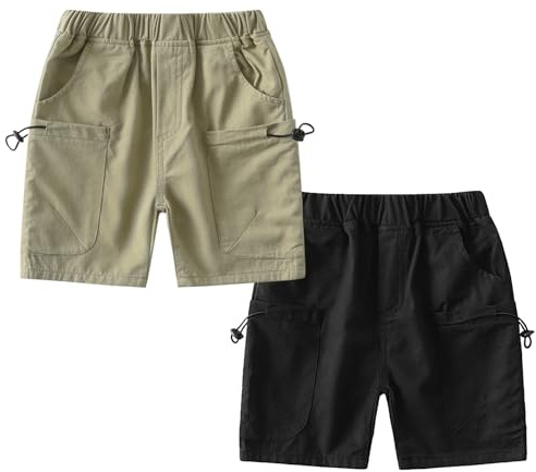 Volunboy Baby pojkar 2-pack pull-on shorts elastisk midja cargo chino vardaglig svartgrön multipack under med fickor, Ljusgrön svart, 2-3 År