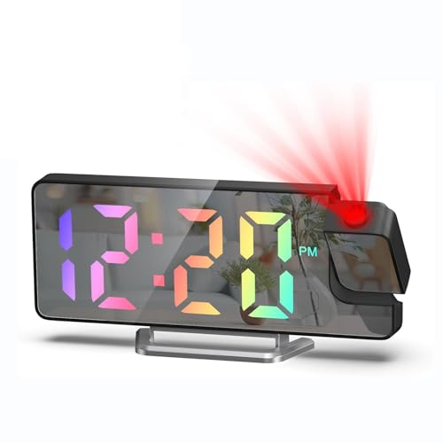 Nircho Wecker Mit Projektion, 7.4 RGB-Farben-Digitalanzeige LED-Spiegeluhr, Projektionswecker mit um 180° Drehbarem, Projektionsuhr mit Temperatur, Dimmer, Snooze, Nachtmodus, USB-Aufladung LED-Uhr
