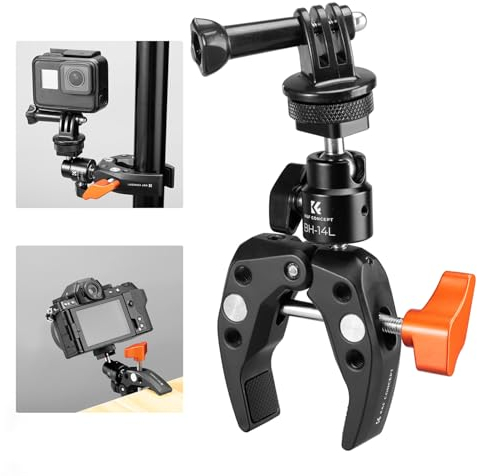 K&F CONCEPT Super Clamp with Ball Head Magic Arm and Cold Shoe, 1/4 Threads for Flash Light Tripod Tube, Camera Mount Clamp with Action Camera Adapter Compatible with GoPro DJI Insta360, MS26