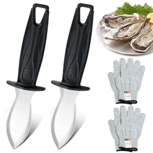 Bestdin Austernmesser Set, 2 Stück Austernmesser mit 2 Paar Handschuhe, Edelstahl Austernöffner mit Ergonomischer Griff, Austernmesser geeignet für Schalentiere oder Hartkäse