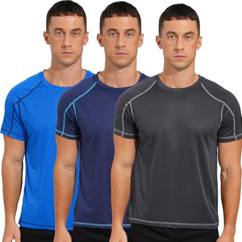 Yihuimin 3Pcs Maillot de Bain Anti-UV T-Shirt De Sport Hommes Rashguard Manches Courtes Sechage Rapide Maillot de Corps Léger Surf Natation Plongée Gris foncé, Bleu foncé et Bleu lac 5XL