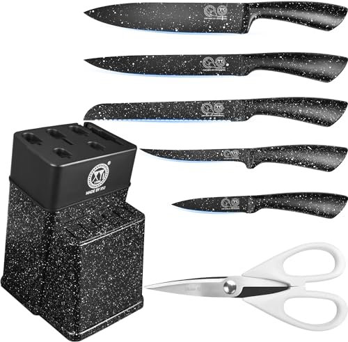 XYJ - Set di coltelli da cucina, in acciaio inox, nero, con portacoltelli, kit professionale per cucine domestiche, per tagliare carne e verdure