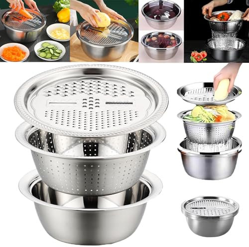 Grattugia 3 in 1 in acciaio inox con cestello di scarico, multifunzione per verdure, set per cucina (26 cm)