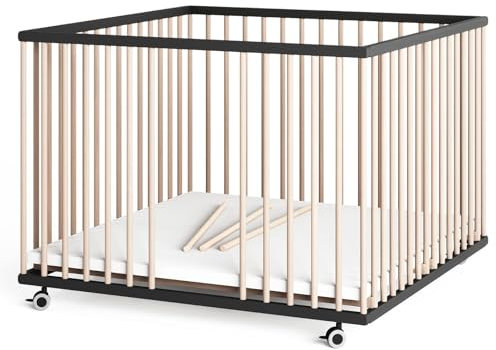 Sämann Laufstall Baby mit Matratze Cloud Air und Schlupfsprossen | TÜV geprüft | stufenlos höhenverstellbar | Laufgitter Premium | Babybett aus Holz | Krabbelgitter (schwarz/natur, 100x100 cm)
