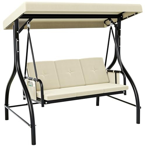YITAHOME 3-Sitzer Hollywoodschaukel, Gartenschaukel mit Liegefunktion mit Verstellbarem Baldachin und Abnehmbarem Kissen, Gartenschaukel für Erwachsene im Garten, Pool, Balkon, Beige