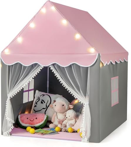 FANTASK Kinderspielzelt mit Sternenlichtern und Fenster, Prinzessin Spielhaus mit doppeltem Vorhang und Matte, Märchen Schloss für Jungen und Mädchen in Rosa, Ideal für kreative Abenteuer